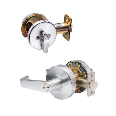 Trans Atlantic Co. LSV Saturn Brushed Chrome Grade 2 Commercial Cylindrical Entry Door Handle with 700 Series Single Cylinder Deadbolt Pack DL-LSV53DB751-US26D